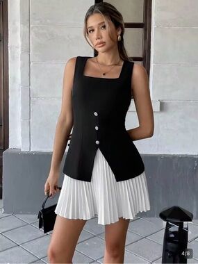 Sleeveless Square-Neck Black Dress with White Pleated Skirt